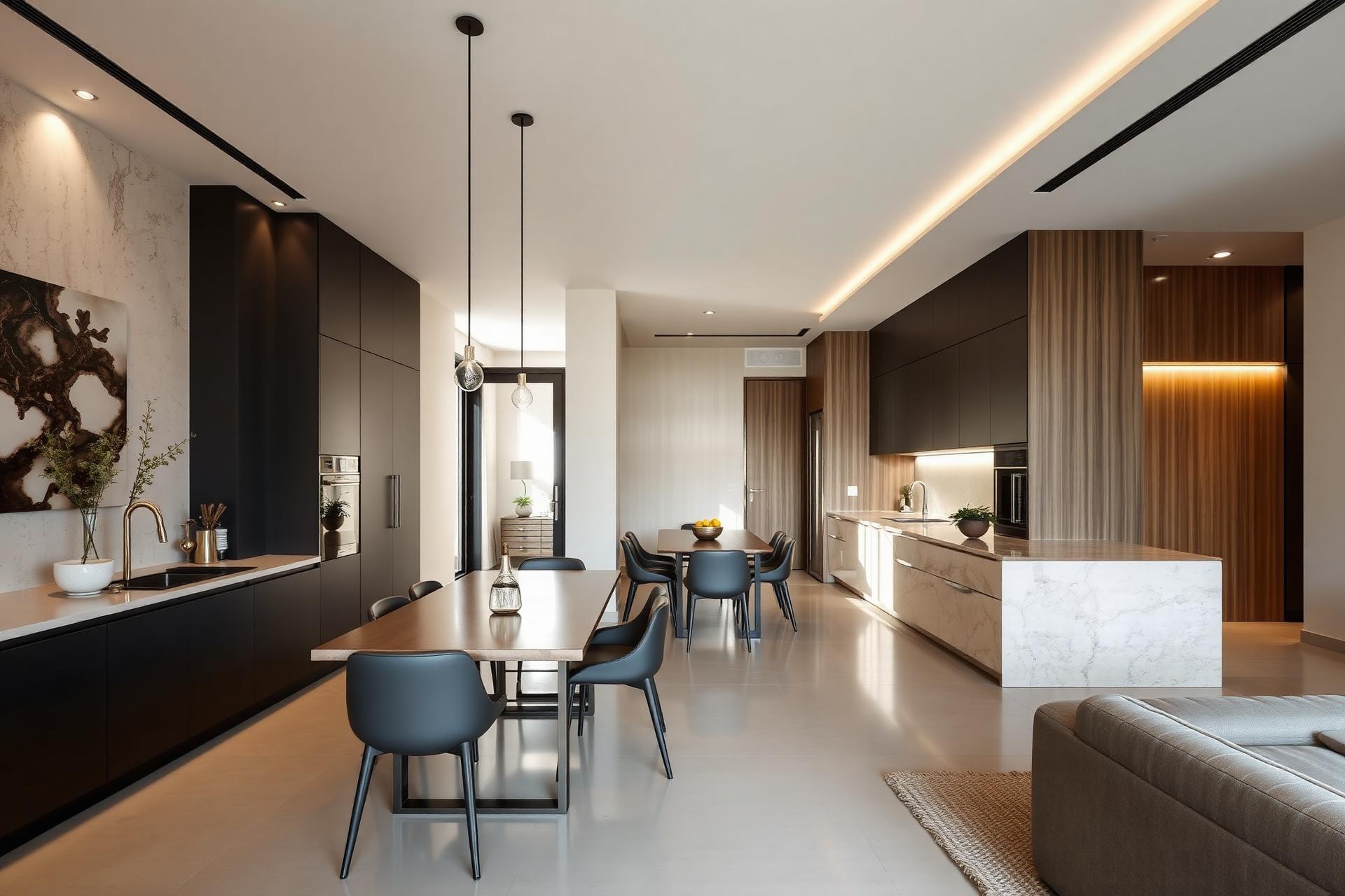 Open-plan apartment interior with coordinated kitchen, dining and living joinery