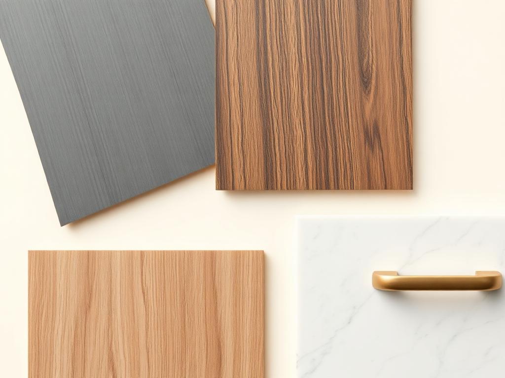 Laminate, veneer, stone and brass hardware samples laid out on an ivory surface